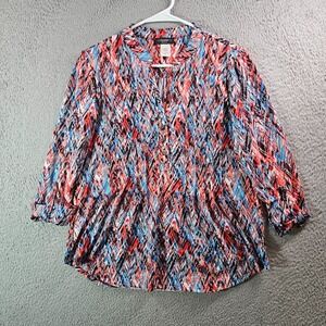 Cocomo Top Blouse‎ Women Medium Petite Stretch 3/4 Sleeve Geometric Multicolor